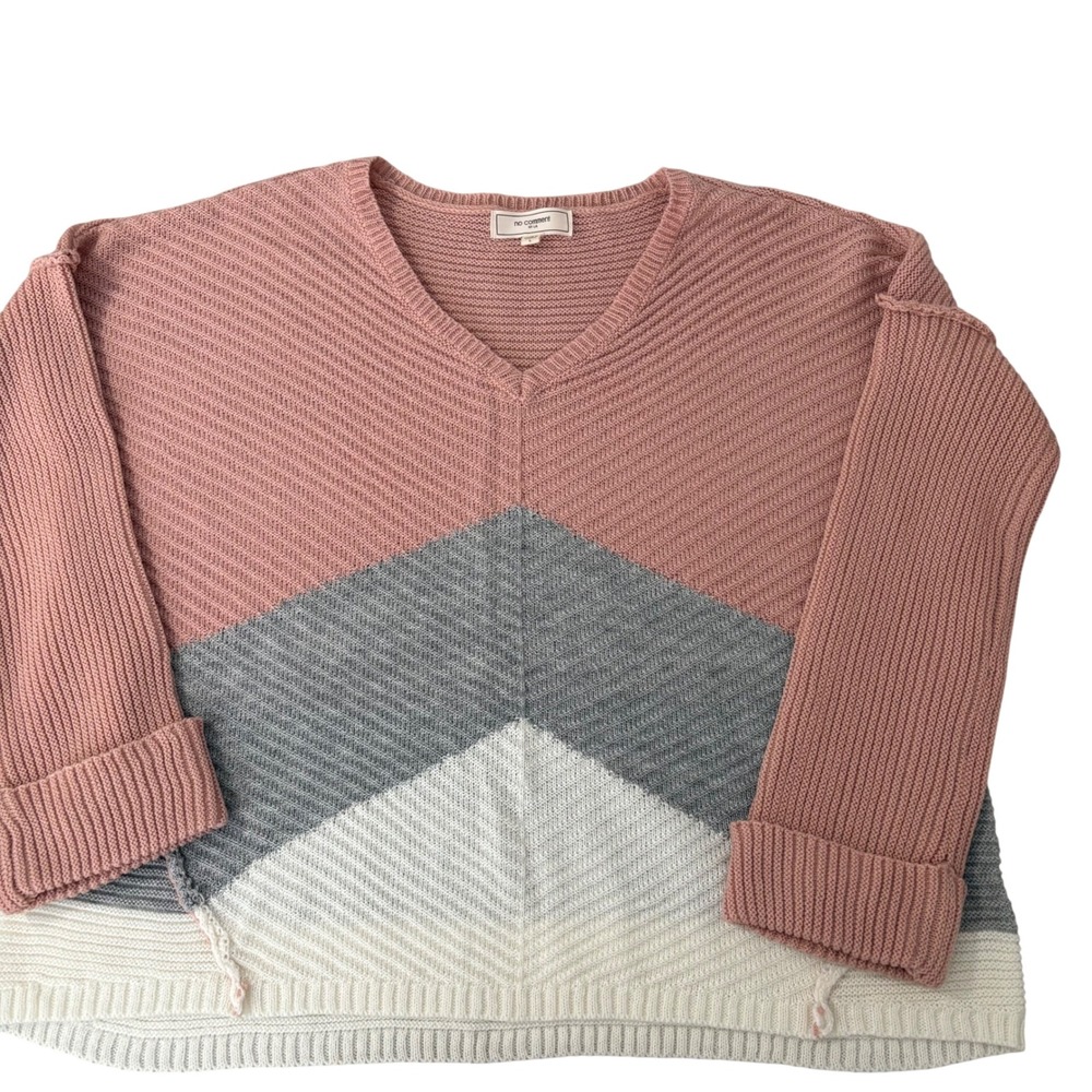 No Comment NY-LA Pink Grey Chevron Colorblock V-Neck Knit Sweater LG Oversized